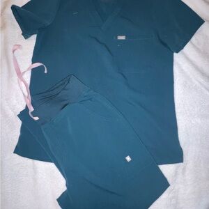 Figs Teal Scrub Top and Jogger Set with Pink Drawstring